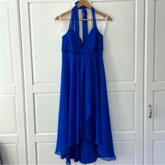 DAVID'S BRIDAL Crinkle Chiffon High Low Fairy Halter Dress, Blue, Size 10 - Picture 1 of 10